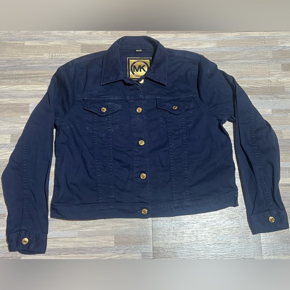 Michael Kors Women’s XL Stretch Navy Blue Jean Jacket Gold Logo Buttons - Picture 1 of 6